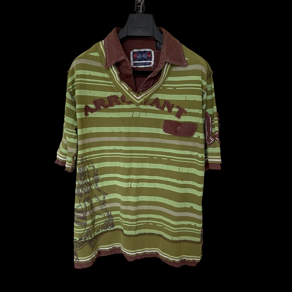 Y2K English Laundry Arrogant Polo Shirt XL Green Striped Distressed Y2K Layered